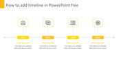 Straight timeline with four milestones from 2017 to 2020, featuring yellow labels, icons above, and placeholder text below. 