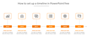 PPT slide showcasing a timeline from 2015 to 2020 with orange icons representing different milestones with placeholder text.