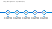 Blue timeline with five diamond shaped year markers from 2016 to 2020, each containing icons and text placeholders.