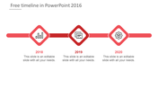 Minimalist timeline with shaped markers for 2018, 2019, and 2020, featuring black icons and a red horizontal connector.