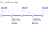 Purple horizontal timeline with year markers from 2016 to 2020, featuring icons between each year and text placeholders.