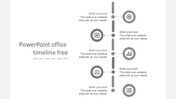 Vertical grayscale timeline with five circular icons connected by a dotted line, each linked to text boxes with arrows. 