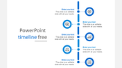 Vertical timeline in blue theme featuring five circular markers with icons and arrows connecting each step.