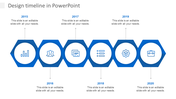 Horizontal timeline template with hexagonal markers for years 2015 to 2020 each with an icon and placeholder text areas.