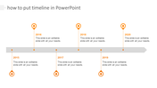 Orange themed timeline slide with milestones marked for the years 2015 through 2020, with placeholder text.