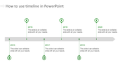 Gray timeline with six green pointers marking the years 2015 to 2020, arranged alternately above and below the line.