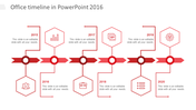 Horizontal office timeline from 2015 to 2020 with red hexagon icons and connecting arrows for each year.
