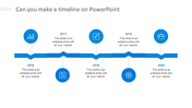 Horizontal timeline with five blue milestone icons for years 2016 to 2020, linked by a blue line, with text areas below. 