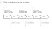 Gray colored timeline with six year markers in rectangular boxes linked by arrows and space for text above and below.