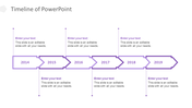 Purple timeline with six outlined arrow segments labeled 2014-2019, each linked to text placeholders by dotted lines. 