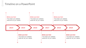 Horizontal red timeline with six year markers in rectangular boxes connected by arrows, with text beneath each.