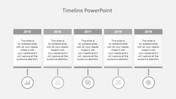 Minimalist gray timeline with five boxes labeled 2015-2019, each linked to circular icons below by thin vertical lines.