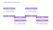 Horizontal purple timeline spanning 2017-2020 with alternating text boxes positioned above and below the timeline. 