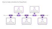 Timeline PPT slide showing years from 2015 to 2019, with purple icons and arrows connecting each year with placeholder text.