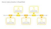 Yellow timeline from 2015-2019 with rectangular markers and alternating text boxes with icons above and below the horizontal line. 