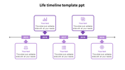Purple timeline with five labeled years paired with rectangular boxes on both sides, connected by arrows.