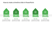 Timeline PPT slide from 2016 to 2020, each year marked by a green arrow with icons and placeholders for text.