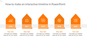 Gradient orange timeline from 2016-2020 with pentagon-shaped icons featuring symbols, years, and placeholder text below. 