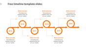 Curved timeline infographic from 2015 to 2020 with markers and rightward arrows, featuring alternating text placeholders.
