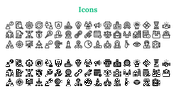 Collection of business themed outlines and filled icons including graphs, gears, people, magnifiers, and finance symbols.