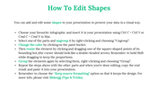 Slide explaining how to edit shapes in PowerPoint with steps to ungroup, recolor, resize, group, and format on a white theme.