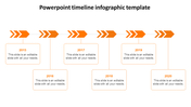 Orange themed timeline with six year labels in rectangular boxes, connected by arrows, and space for text.