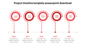 Horizontal project timeline with five red circular markers and icons representing each year from 2016 to 2020.