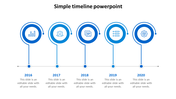Blue-themed timeline with circular icons for the years 2016 to 2020, connected by lines, with placeholder text.