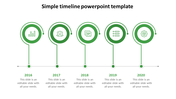 Green themed simple timeline PowerPoint template with circular milestone markers with placeholder text.