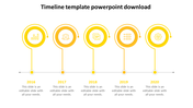 Yellow timeline with five milestones, each containing an icon, connected by a thin horizontal line with vertical connectors. 