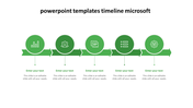 Minimalist timeline with five green circular milestones, each linked by arrows, featuring icons and text placeholders. 