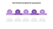 Minimalist timeline with five purple circular milestones, each linked by arrows, featuring icons and text placeholders. 