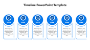 Modern timeline PowerPoint template with six blue circular icons, and text placeholders on a white backdrop.