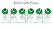 Horizontal timeline with six green circular icons, each labeled '20XX' and connected to text boxes with curved arrows.