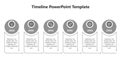 Linear timeline PowerPoint template with six labeled milestones, each with icons and descriptive text boxes.