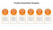 Timeline design featuring six orange circular icons, each with a year and an icon, with text boxes below.
