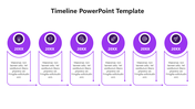 Modern timeline PowerPoint template with six purple circular icons, and text placeholders on a white backdrop.