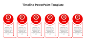 Horizontal timeline with six red circular icons labeled '20XX', each connected to text boxes with curved arrows.