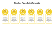 Horizontal timeline with six yellow circle markers, each representing a year and an icon, with arrow framed text box below.