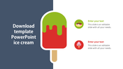 Red and green popsicle graphic on a white and navy blue background, with text and circular icons on the right.