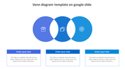 Venn diagram PowerPoint slide featuring overlapping blue circles with business related icons and text boxes.