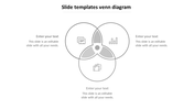 Three interlocking gray circles in a venn diagram with placeholder text and icons in each section.