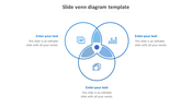 Venn diagram PPT slide featuring three blue overlapping circles and business related icons with placeholder text.