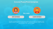 Infographic with two icons representing social distance, connected by a dotted line with a corona themed blue background.