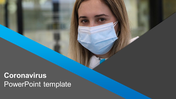 Coronavirus template featuring a masked person in foreground modern design with blue diagonal line across gray background.