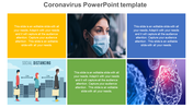 Coronavirus template with six blocks, featuring a masked woman, social distancing graphic, and microscopic virus illustration.