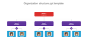 Colorful organization structure slide showing hierarchical relationships between team members with names and designations.
