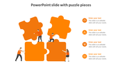 Collaboration concept with people assembling orange puzzle pieces, linked to four orange icons and text sections.