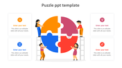 Puzzle template with four large puzzle pieces, people connecting them, and four text boxes with icons and placeholders.