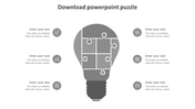 Slide with a gray lightbulb shaped puzzle and six sections surrounding it, each with an icon and space for text.